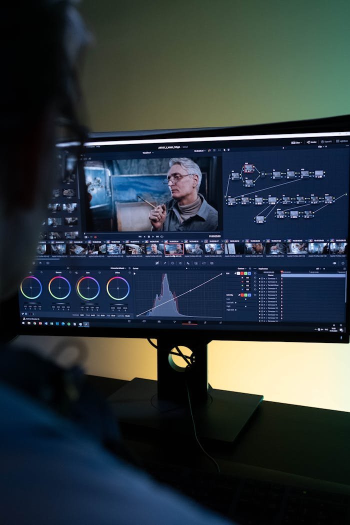 gallery-04 Sound engineer editing film using professional software in a dimly lit studio.