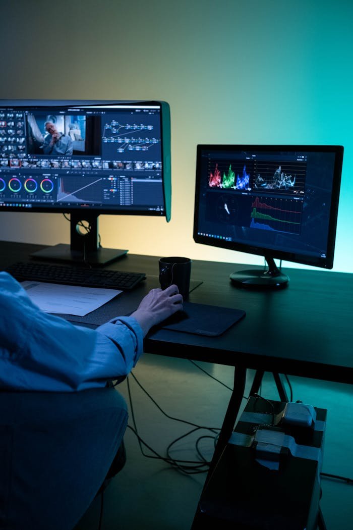 gallery-03 A video editor works on dual monitors in a modern setup, focusing on color grading and editing visuals.